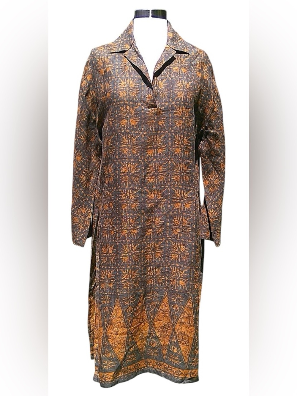 Peruvian Connection 100% Linen Brown Artsy Printed Long Tunic Dress SZ XL